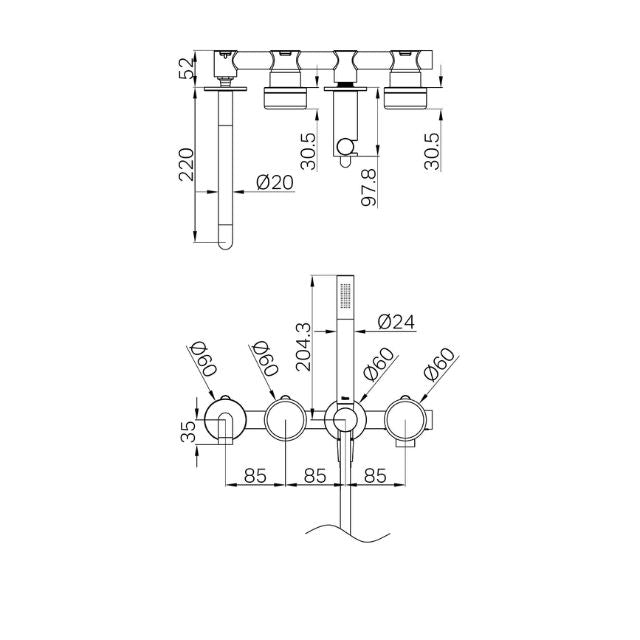 Technical Drawing Nero Serenity Progressive Shower System With Spout With Marquina Black Handle And Slim Shower Matte Black 24E129MB - The Blue Space