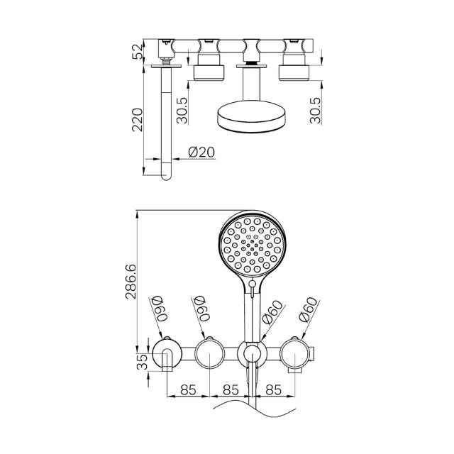 Technical Drawing Nero Serenity Progressive Shower System With Spout With Metal Handle And Nero Serenity Hand Shower Matte Black 24E018MB - The Blue Space
