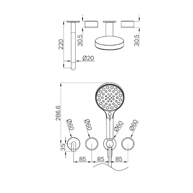 Technical Drawing Nero Serenity Progressive Shower System With Spout With Metal Handle And Serenity Hand Shower Trim Kit Only Brushed Bronze 24E090BZ - The Blue Space