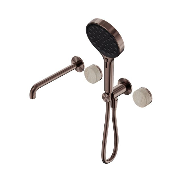 Nero Serenity Progressive Shower System With Spout With Rome Travertine Handle And Serenity Hand Shower Brushed Bronze