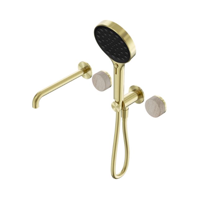 Nero Serenity Progressive Shower System With Spout With Rome Travertine Handle And Nero Serenity Hand Shower Brushed Gold 24E015BG - The Blue Space