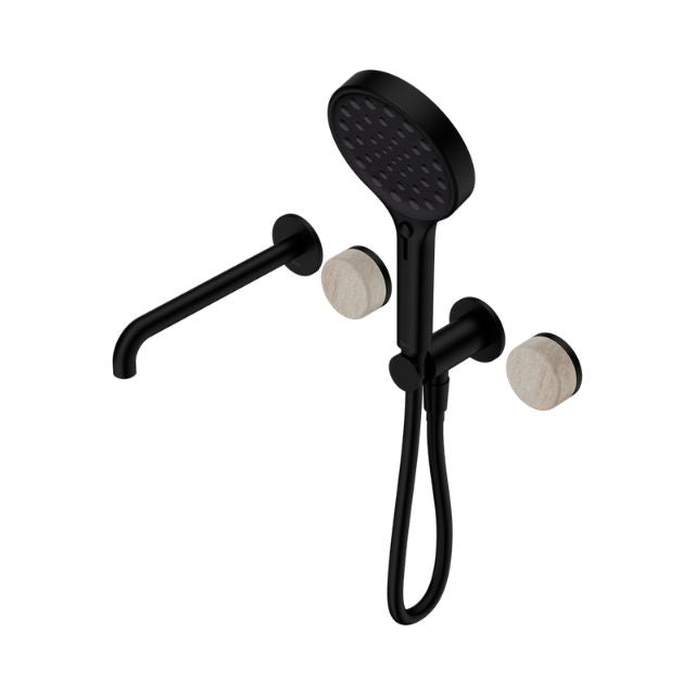 Nero Serenity Progressive Shower System With Spout With Rome Travertine Handle And Serenity Hand Shower Matte Black