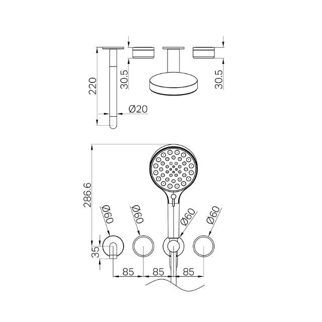Technical Drawing Nero Serenity Progressive Shower System With Spout With Rome Travertine Handle And Serenity Hand Shower Trim Kit Only Brushed Bronze 24E087BZ - The Blue Space