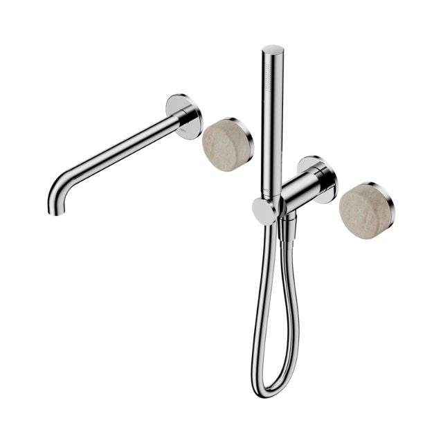 Nero Serenity Progressive Shower System With Spout With Rome Travertine Handle And Slim Shower Chrome