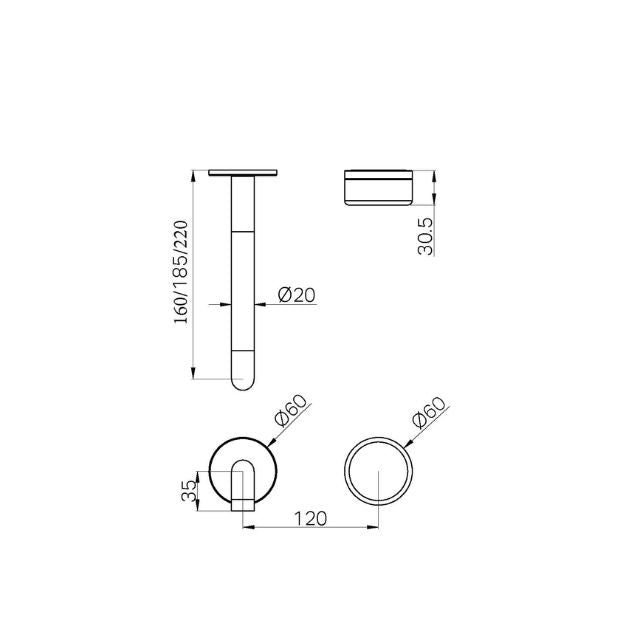 Technical Drawing Nero Serenity Progressive Wall Basin Mixer 185mm Spout With Marquina Black Handle Trim Kit Only Chrome 24E126CH - The Blue Space