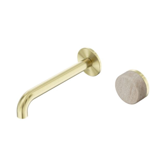 Nero Serenity Progressive Wall Basin Mixer 185mm Spout With Rome Travertine Handle Brushed Gold 24E069BG - The Blue Space