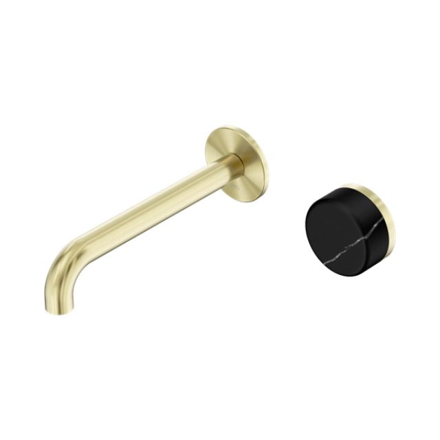 Nero Serenity Progressive Wall Basin Mixer 220mm Spout With Marquina Black Handle Brushed Gold