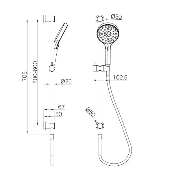 Technical Drawing Nero Serenity Rail Shower Brushed Gold 24D072BG - The Blue Space