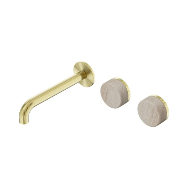 Nero Serenity Wall Basin Set 160mm Offset Spout With Rome Travertine Handle Brushed Gold 24D055BG - The Blue Space