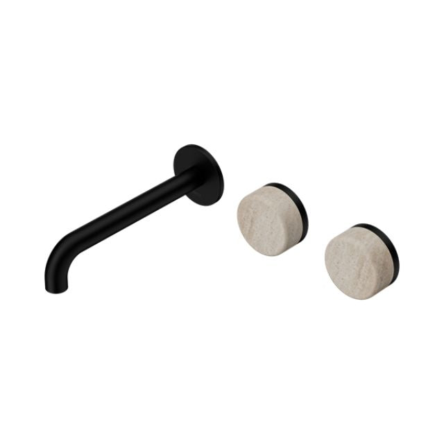 Nero Serenity Wall Basin Set 185mm Offset Spout With Rome Travertine Handle Matte Black