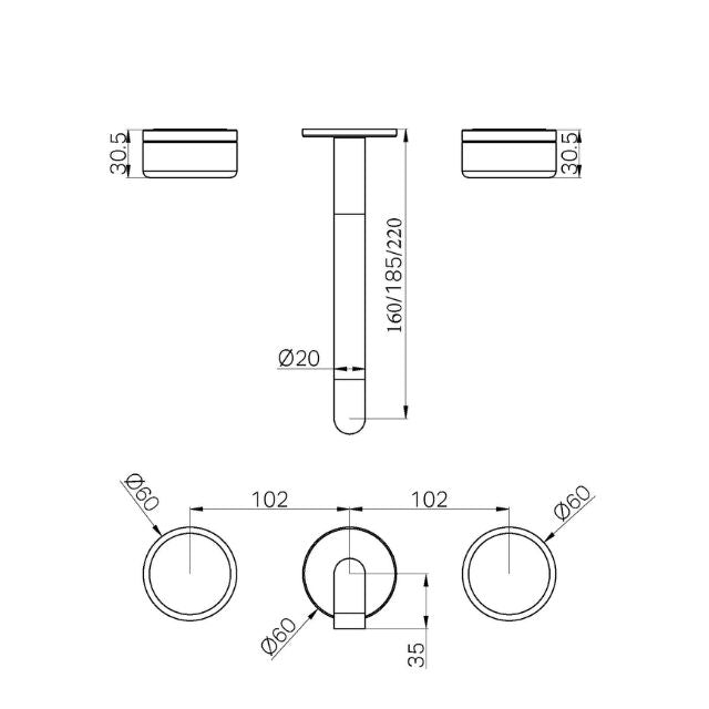 Technical Drawing Nero Serenity Wall Basin Set 185mm Spout With Marquina Black Handle Trim Kit Only Chrome 24D111CH - The Blue Space