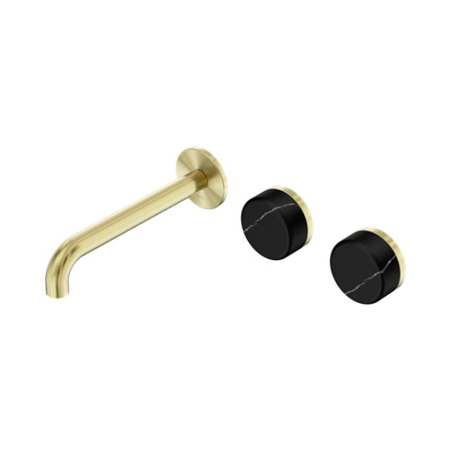 Nero Serenity Wall Basin Set 220mm Offset Spout With Marquina Black Handle Brushed Gold 24D126BG - The Blue Space