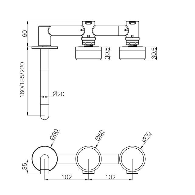 Technical Drawing Nero Serenity Wall Basin Set 220mm Offset Spout With Rome Travertine Handle Gun Metal 24D067GM - The Blue Space