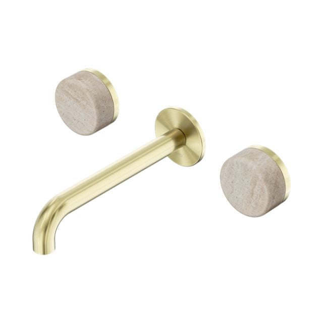 Nero Serenity Wall Basin Set 220mm Spout With Rome Travertine Handle Brushed Gold 24D049BG - The Blue Space