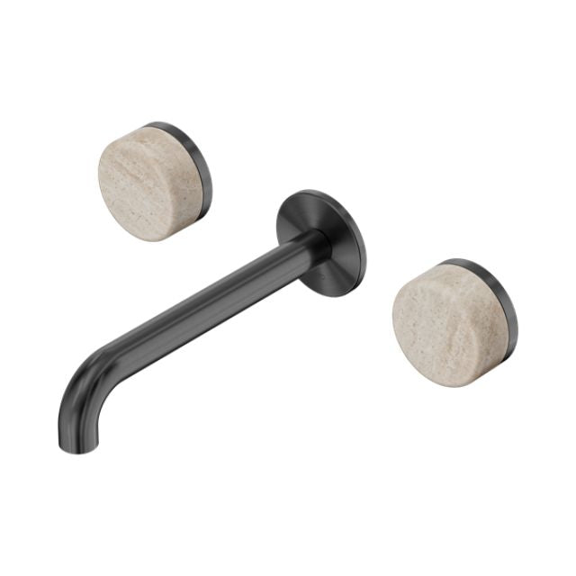 Nero Serenity Wall Basin Set 220mm Spout With Rome Travertine Handle Gun Metal