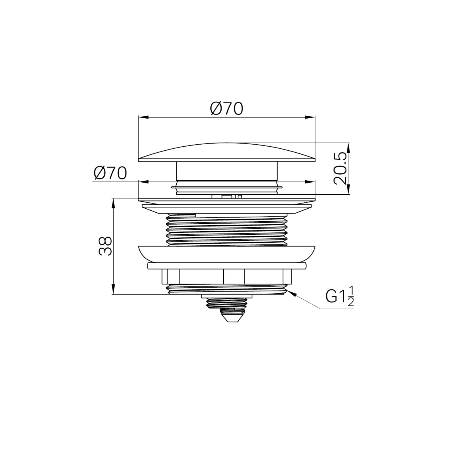 Technical Drawing Nero Short Pop Up Bath Waste 40mm Matte White NRA709MW - The Blue Space