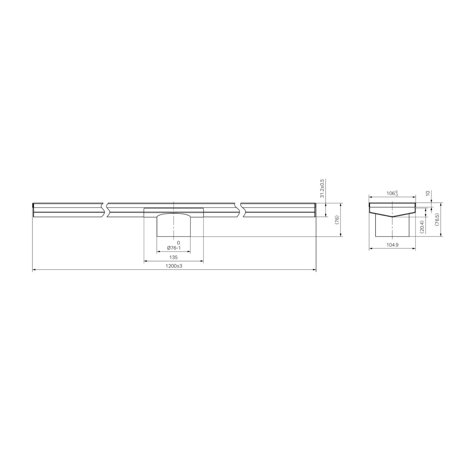 Technical Drawing Nero Tile Insert V Channel 1200x106mm Floor Grate 80mm Outlet Brushed Nickel NRFG009HSBN_KIT - The Blue Space
