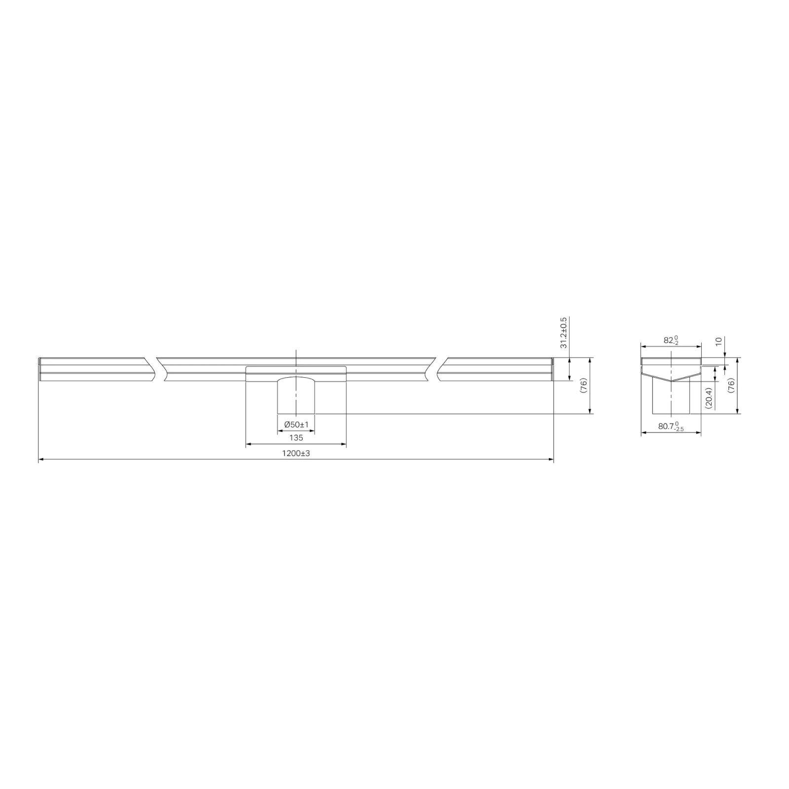Technical Drawing Nero Tile Insert V Channel 1200x82mm Floor Grate 50mm Outlet Matte Black NRFG007HSMB_KIT - The Blue Space