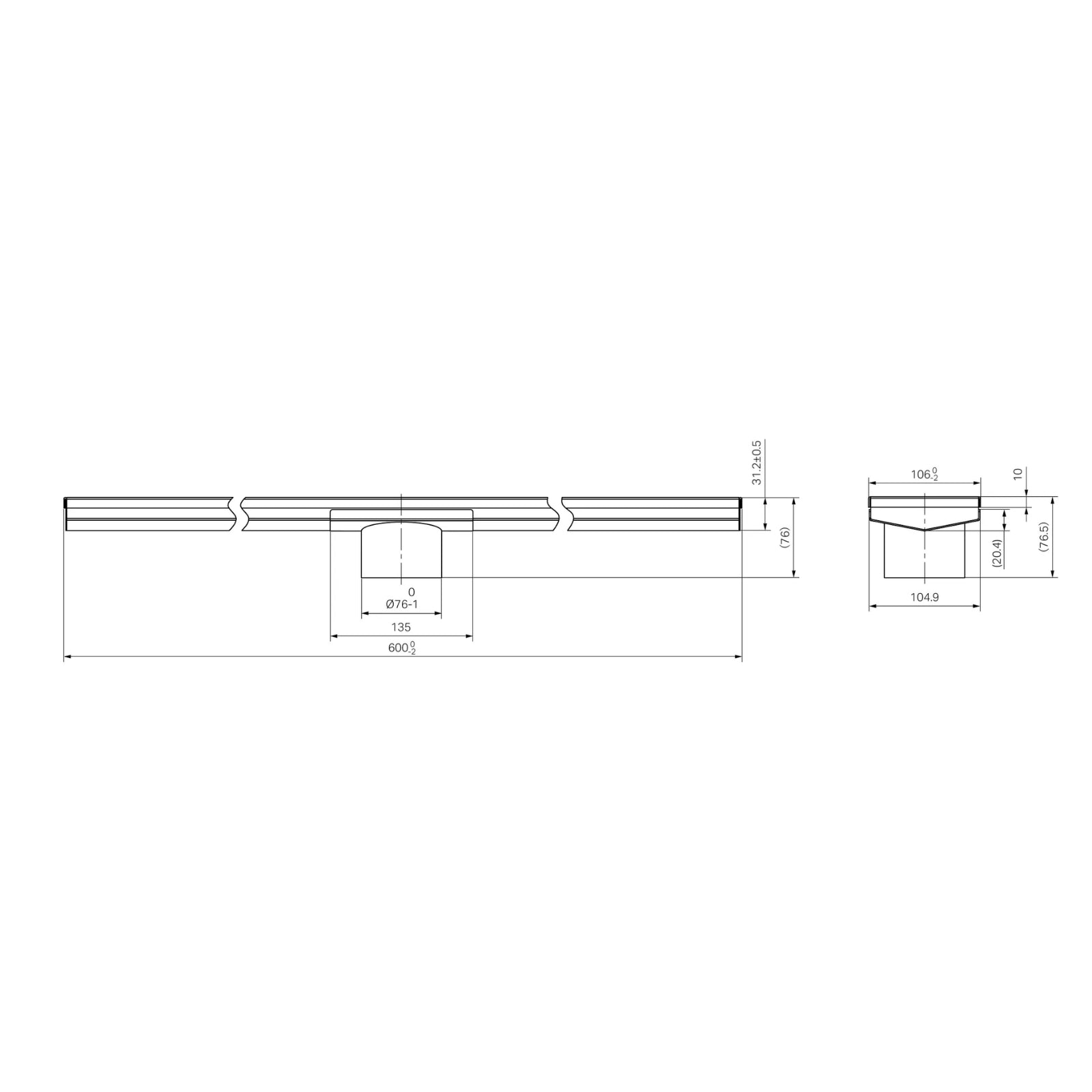 Technical Drawing Nero Tile Insert V Channel 600x106mm Floor Grate 80mm Outlet Brushed Bronze NRFG008HSBZ_KIT - The Blue Space
