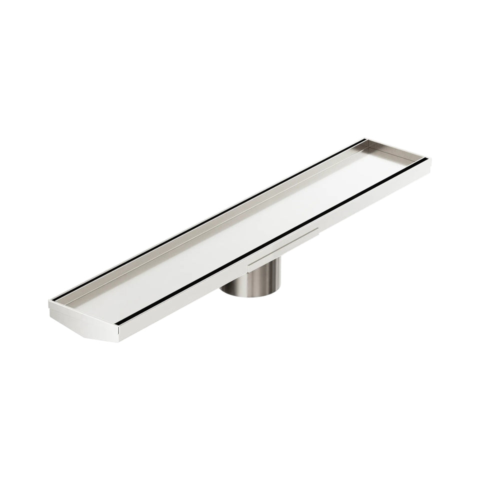 Nero Tile Insert V Channel 600x106mm Floor Grate 80mm Outlet Brushed Nickel