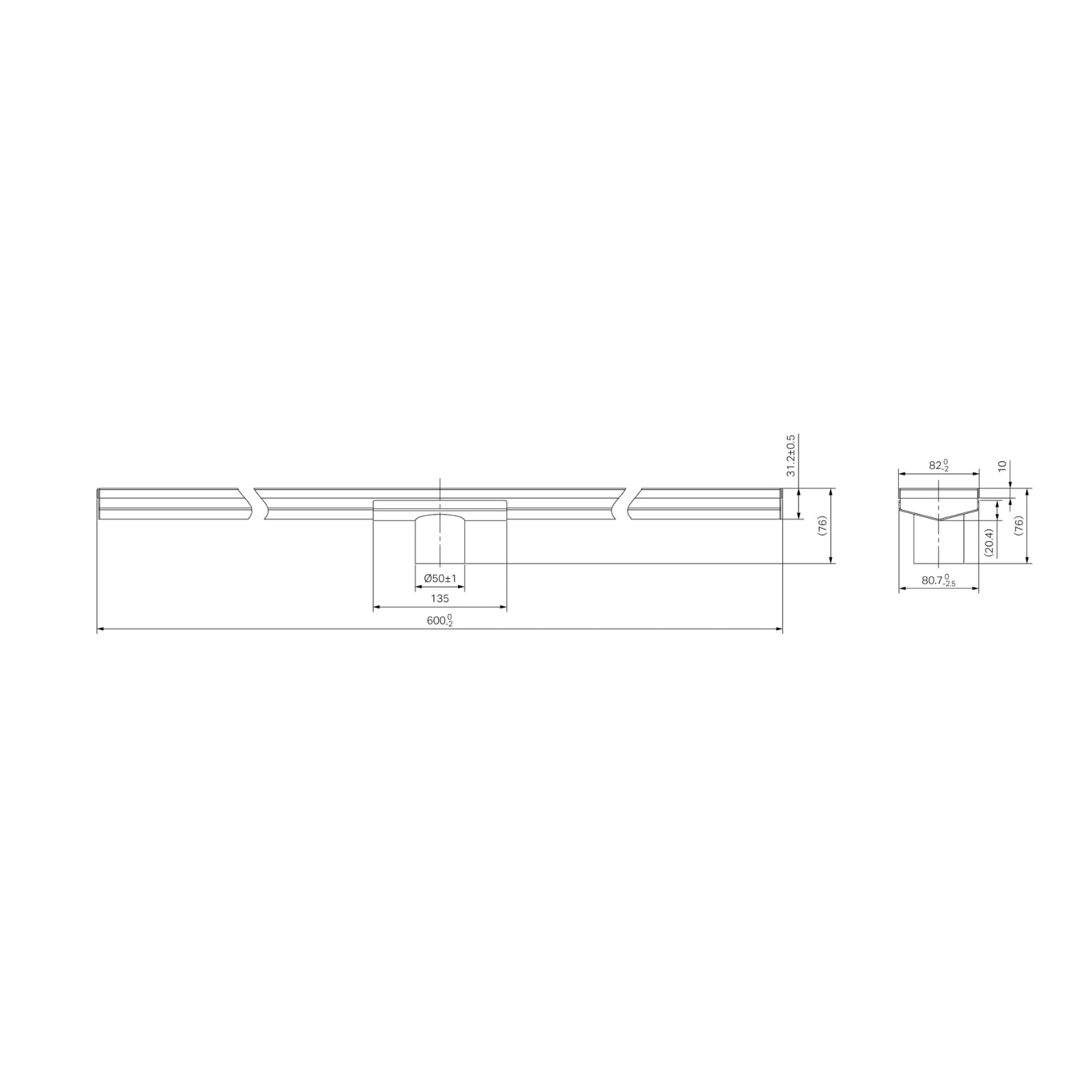Technical Drawing Nero Tile Insert V Channel 600x82mm Floor Grate 50mm Outlet Brushed Gold NRFG006HSBG_KIT - The Blue Space