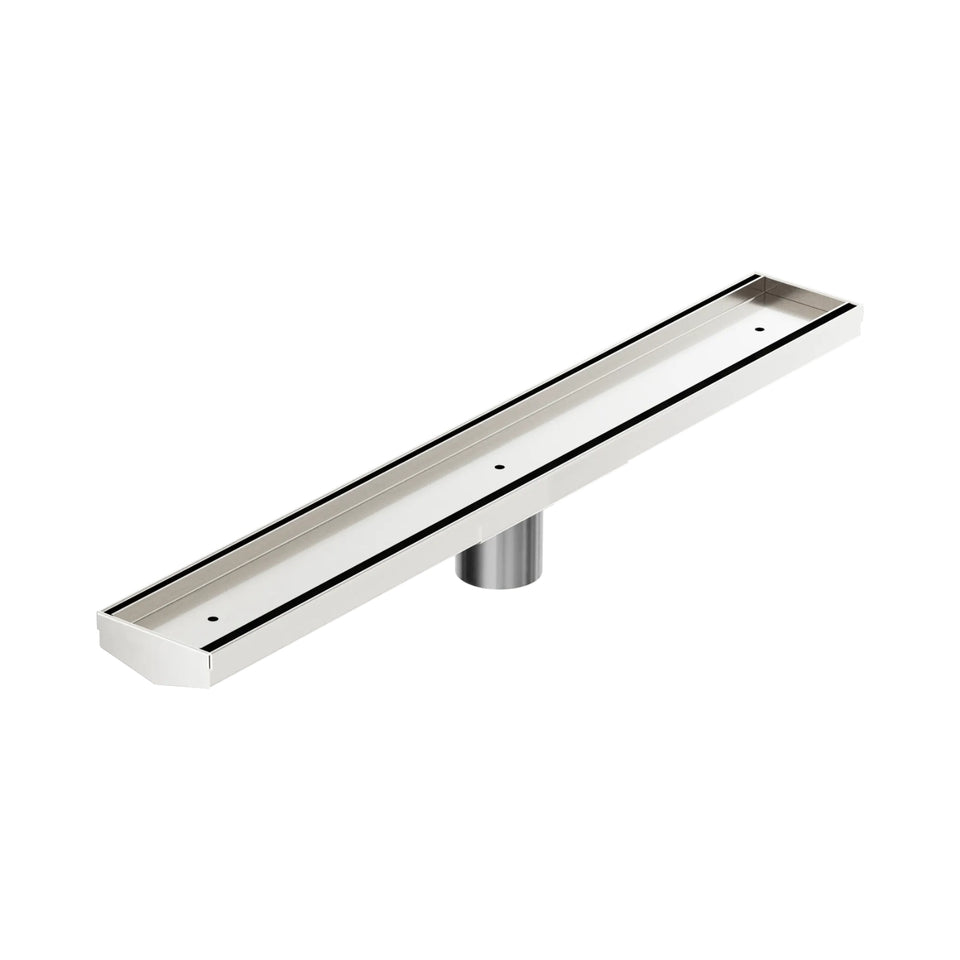 Nero Tile Insert V Channel 600x82mm Floor Grate 50mm Outlet Brushed Nickel