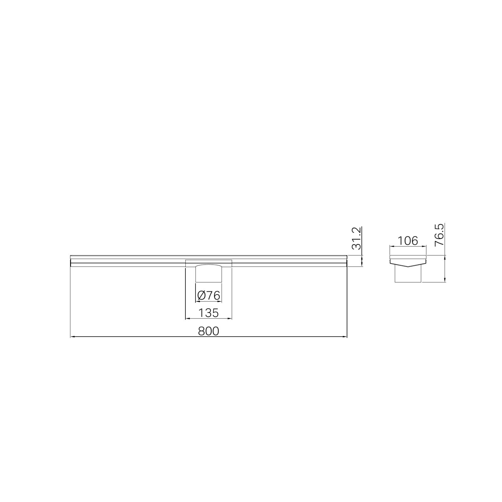 Technical Drawing Nero Tile Insert V Channel 800x106mm Floor Grate 80mm Outlet Matte Black NRFG012HSMB - The Blue Space