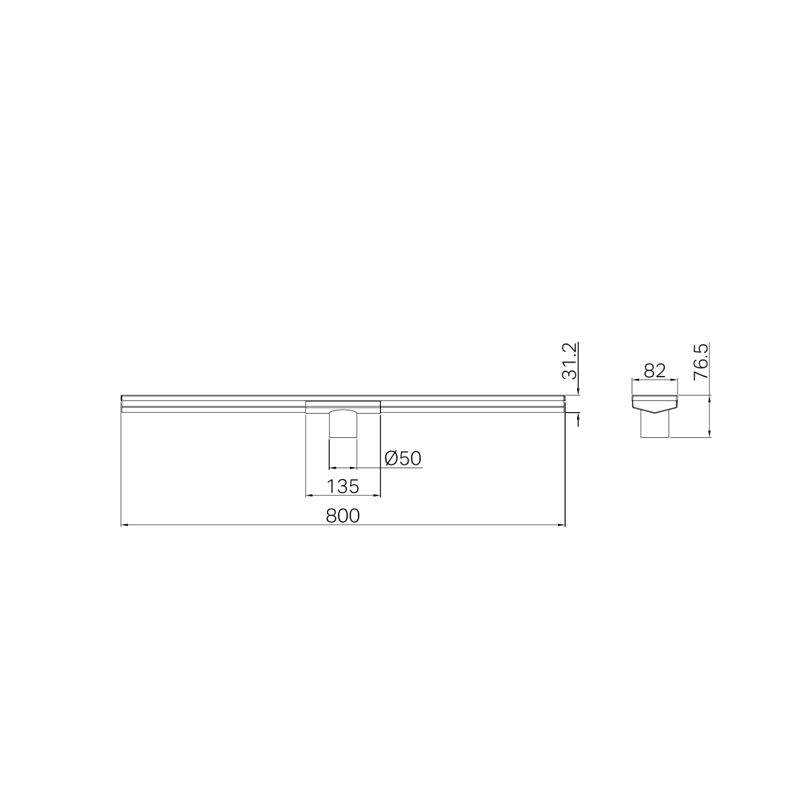 Technical Drawing Nero Tile Insert V Channel 800x82mm Floor Grate 50mm Outlet Brushed Gold NRFG011HSBG - The Blue Space