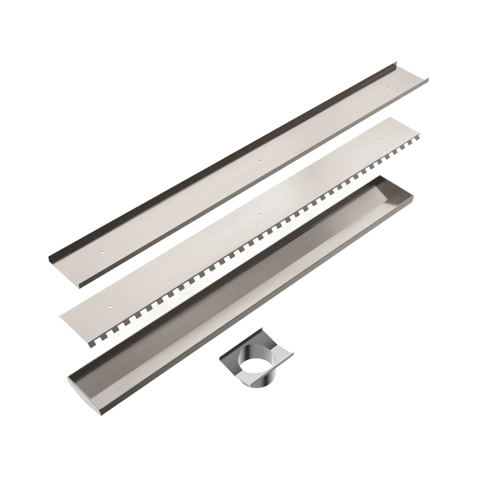 Nero Tile Insert V Channel 900x106mm Floor Grate 90mm Outlet Brushed Nickel