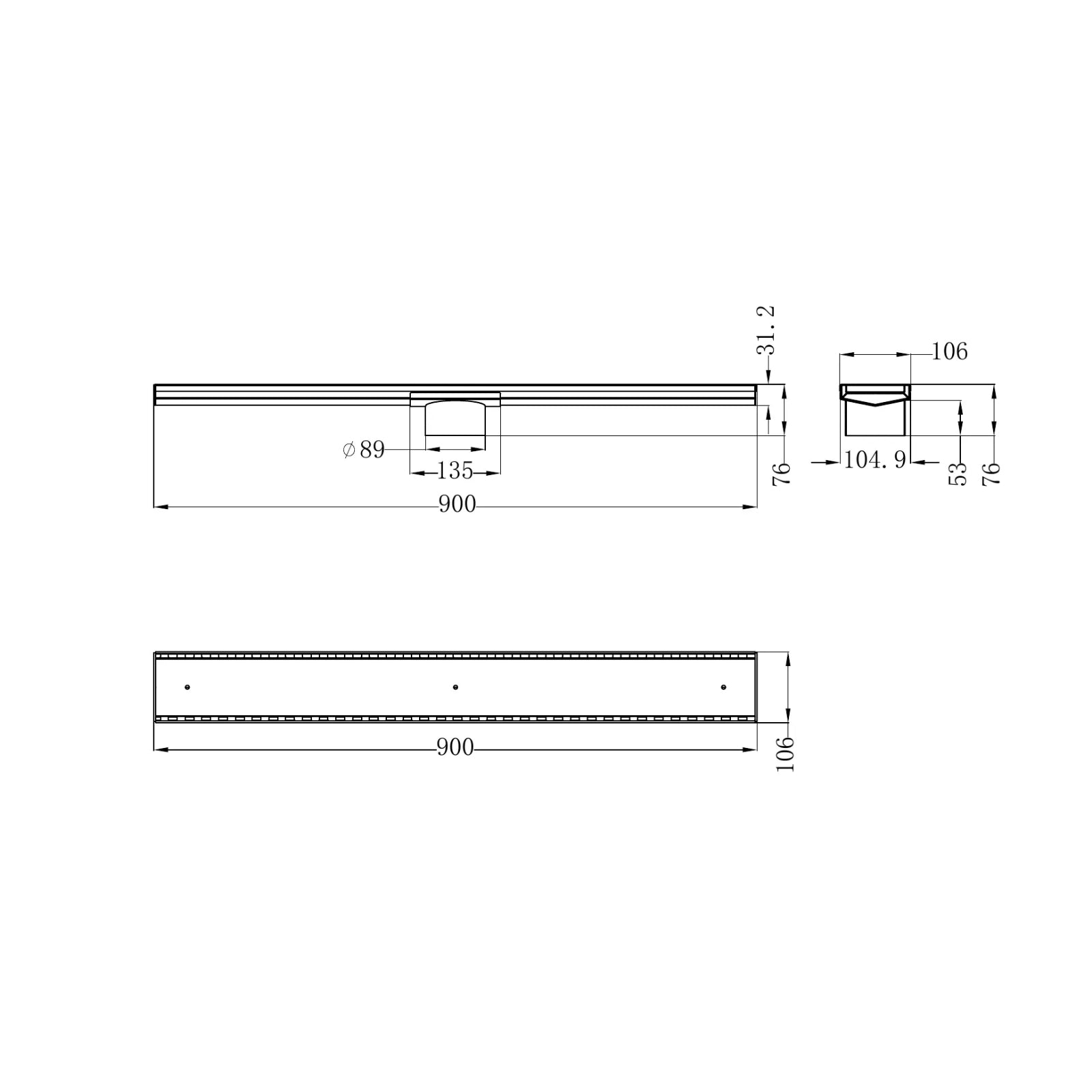 Technical Drawing Nero Tile Insert V Channel 900x106mm Floor Grate 90mm Outlet Gun Metal NRFG001HSGM_KIT - The Blue Space