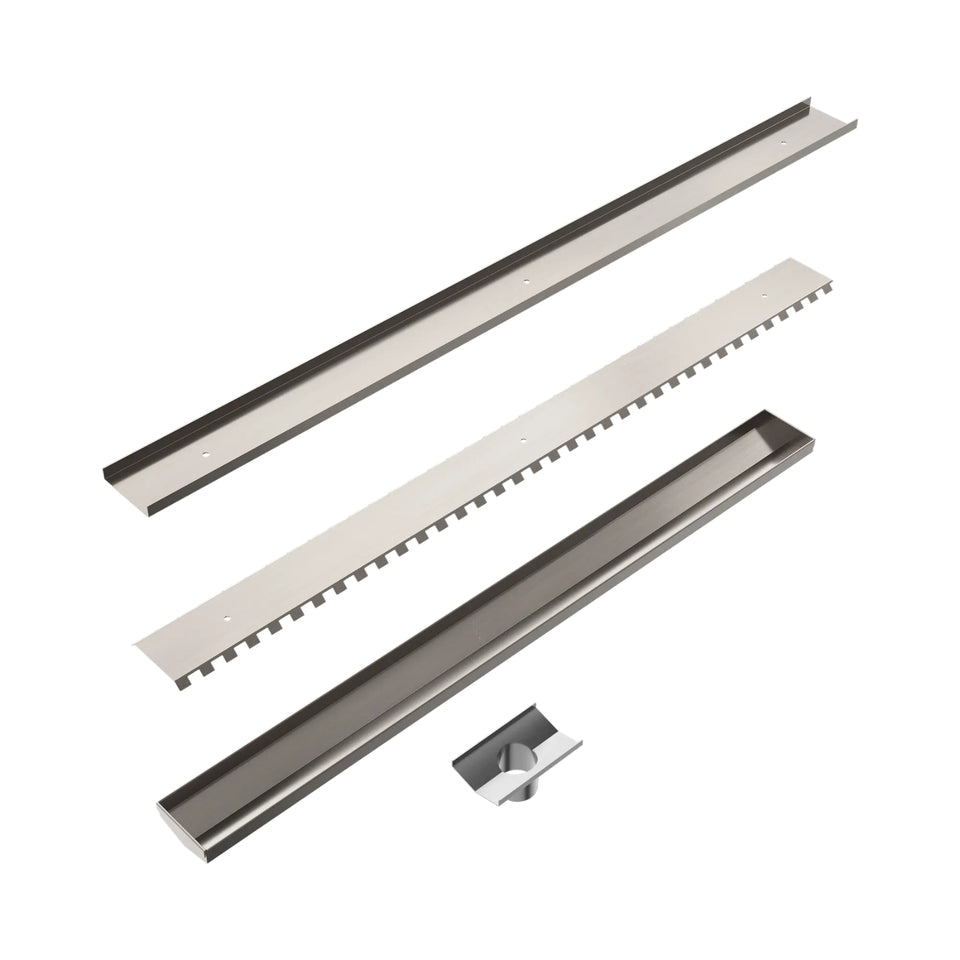 Nero Tile Insert V Channel 900x82mm Floor Grate 50mm Outlet Brushed Nickel