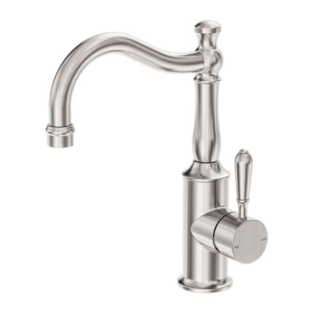 Nero York Basin Mixer Hook Spout With Metal Lever Brushed Nickel