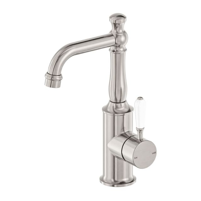 Nero York Basin Mixer With White Porcelain Lever Brushed Nickel
