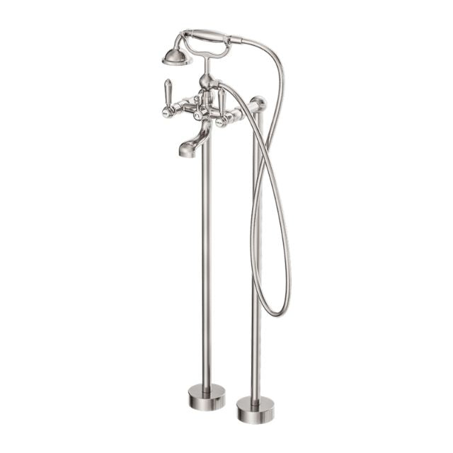 Nero York Freestanding Bath Set With Metal Hand Shower Brushed Nickel