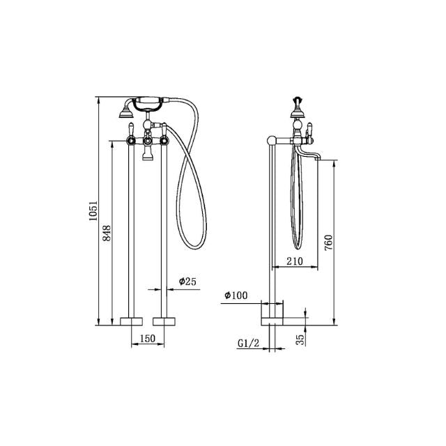 Technical Drawing Nero York Freestanding Bath Set With Metal Hand Shower Brushed Nickel NR692103A02BN - The Blue Space