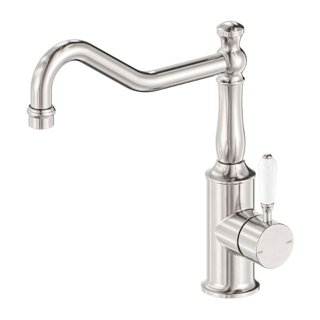 Nero York Kitchen Mixer Hook Spout With White Porcelain Lever Brushed Nickel