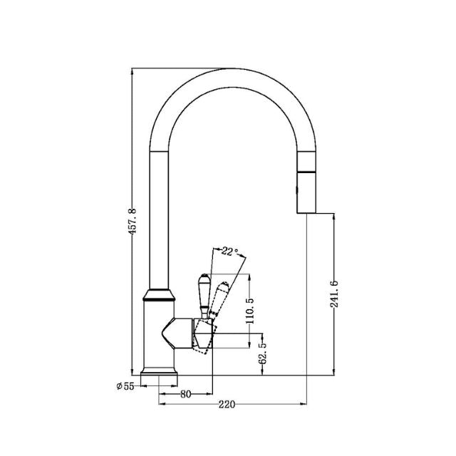Technical Drawing Nero York Pull Out Sink Mixer With Vegie Spray Function With Metal Lever Brushed Nickel NR69210802BN - The Blue Space
