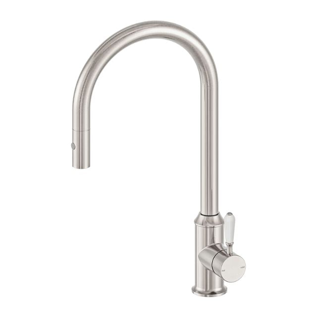 Nero York Pull Out Sink Mixer With Vegie Spray Function With White Porcelain Lever Brushed Nickel