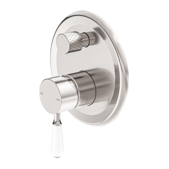 Nero York Shower Mixer With Divertor With White Porcelain Lever Brushed Nickel