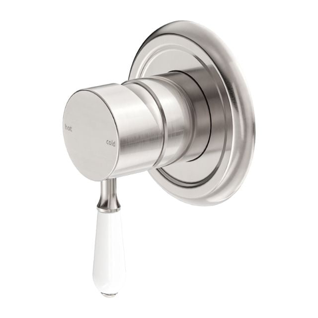 Nero York Shower Mixer With White Porcelain Lever Brushed Nickel