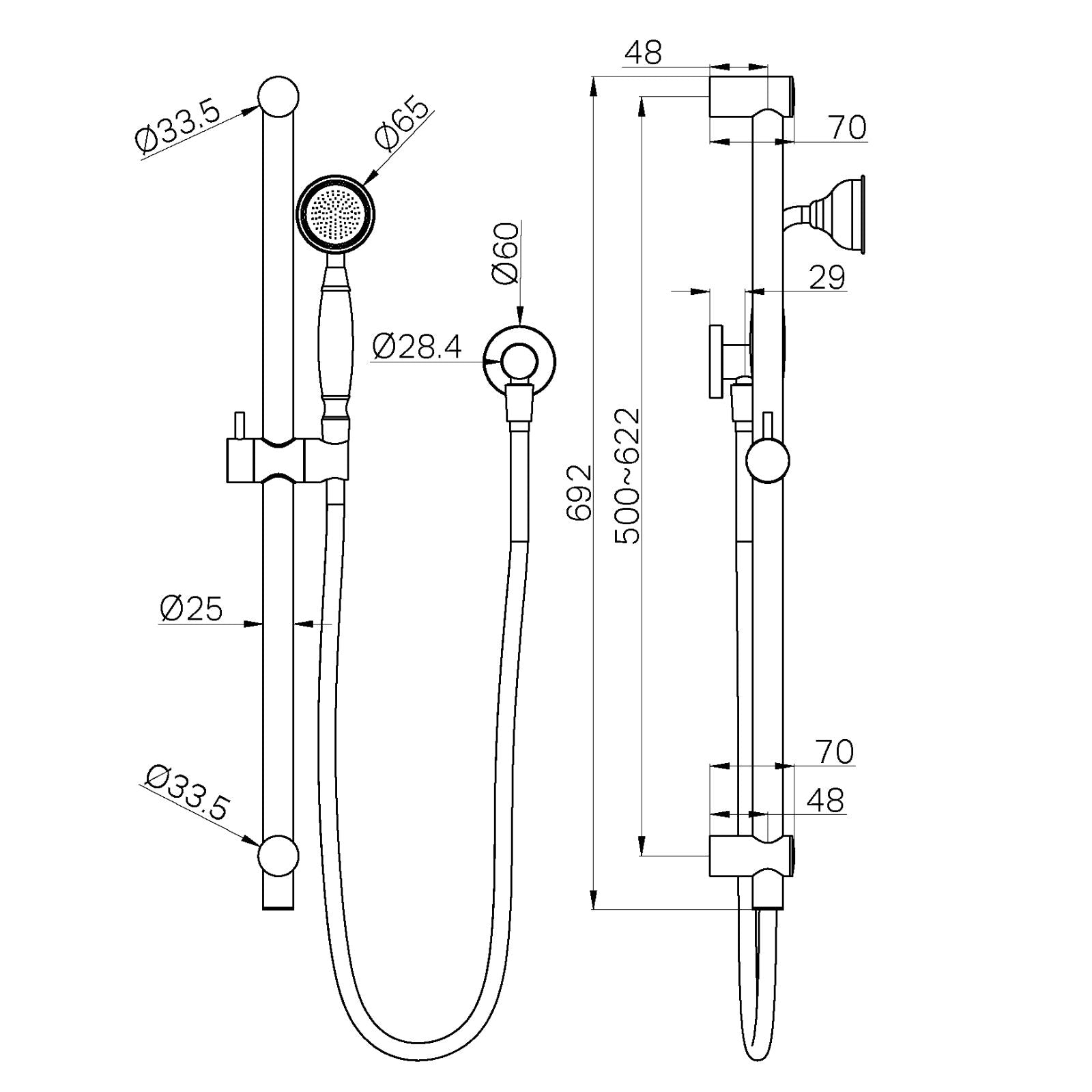Technical Drawing Nero York Shower Rail With White Porcelain Hand Shower Aged Brass NR692105A01AB - The Blue Space