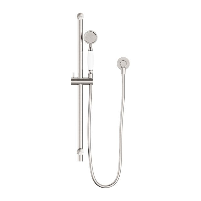 Nero York Shower Rail With White Porcelain Hand Shower Brushed Nickel