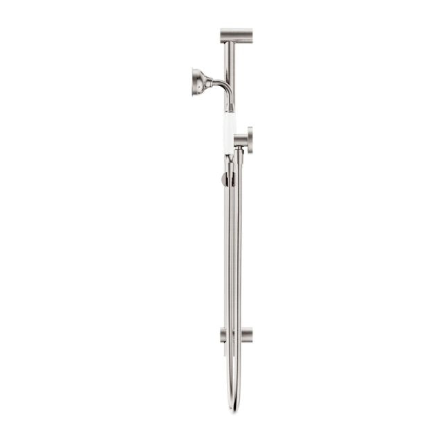Nero York Shower Rail With White Porcelain Hand Shower Brushed Nickel