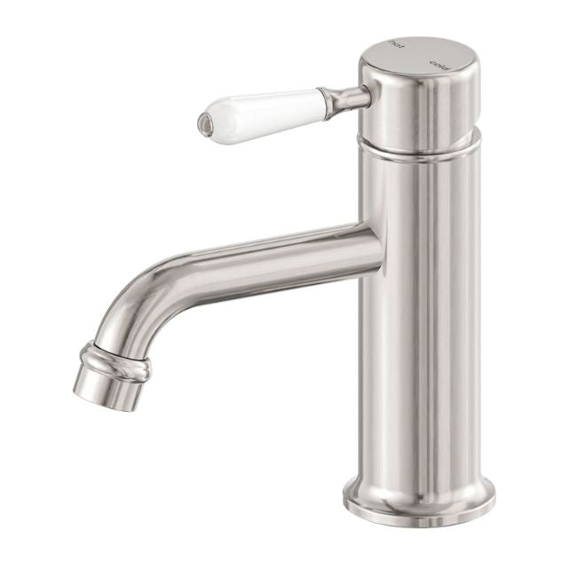 Nero York Straight Basin Mixer With White Porcelain Lever Brushed Nickel