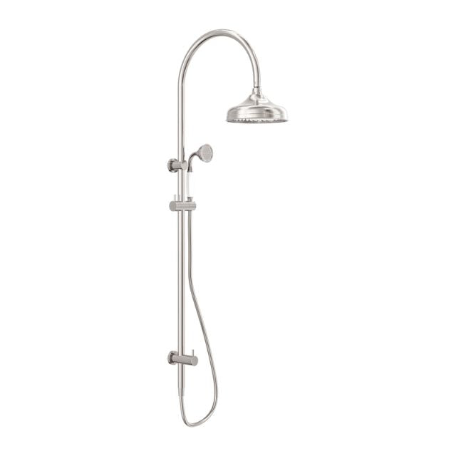 Nero York Twin Shower With White Porcelain Hand Shower Brushed Nickel