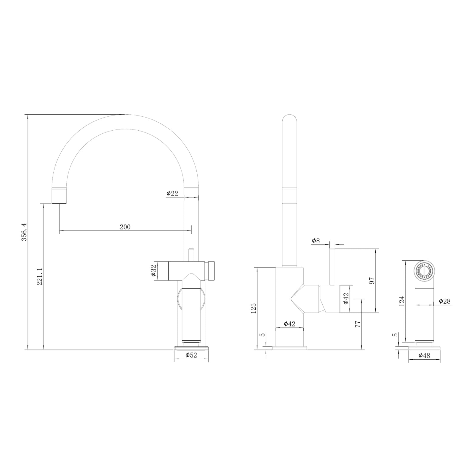 Technical Drawing Nero Zen SS316L Kitchen Mixer With Hand Spray Graphite NR162208GR - The Blue Space