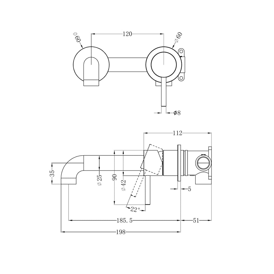 Nero Zen SS316L Wall Basin/Bath Mixer Separate Back Plate 185mm Spout Brushed Bronze