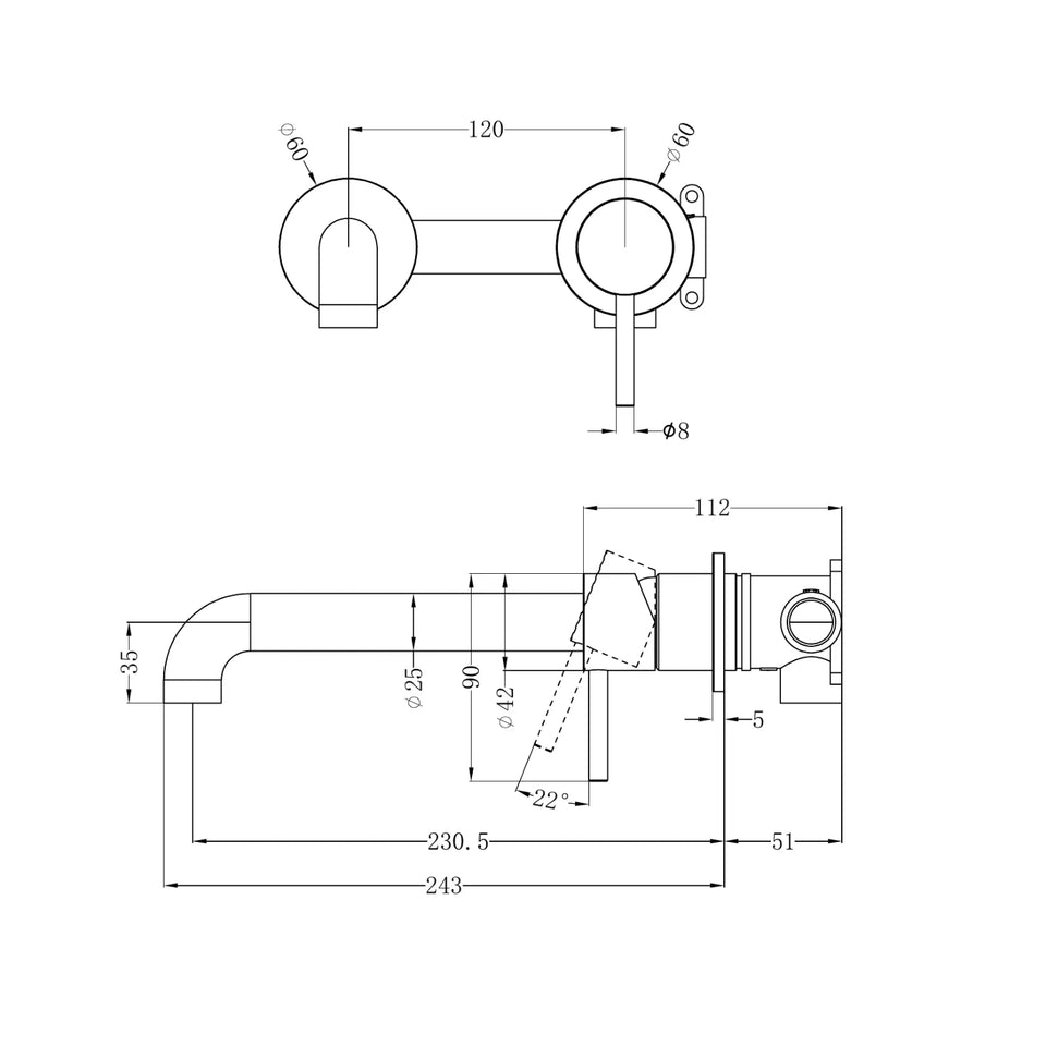 Nero Zen SS316L Wall Basin/Bath Mixer Separate Back Plate 230mm Spout Brushed Bronze