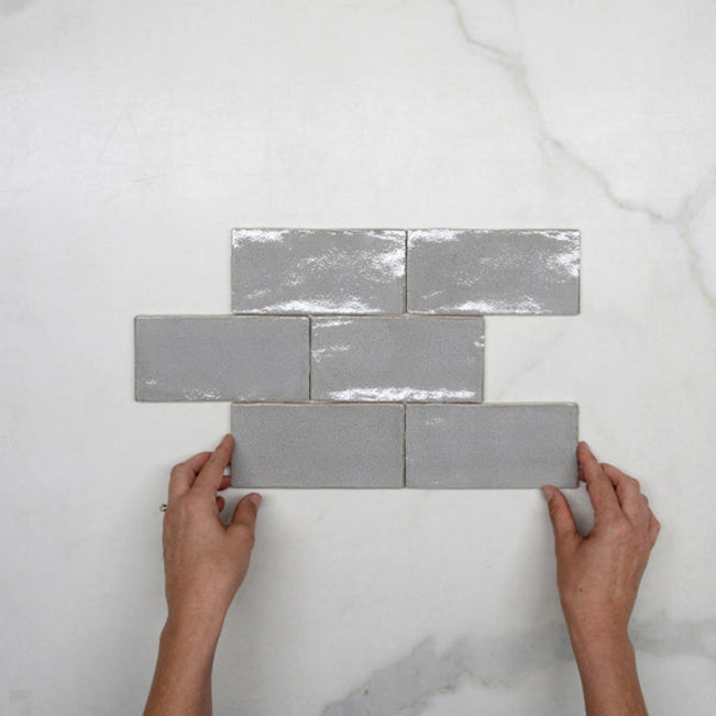 Pattern With Hand Nickel Grey Dianna Hand Made Subway Tile 75 x 150 x 9mm Spanish Ceramic  - The Blue Space