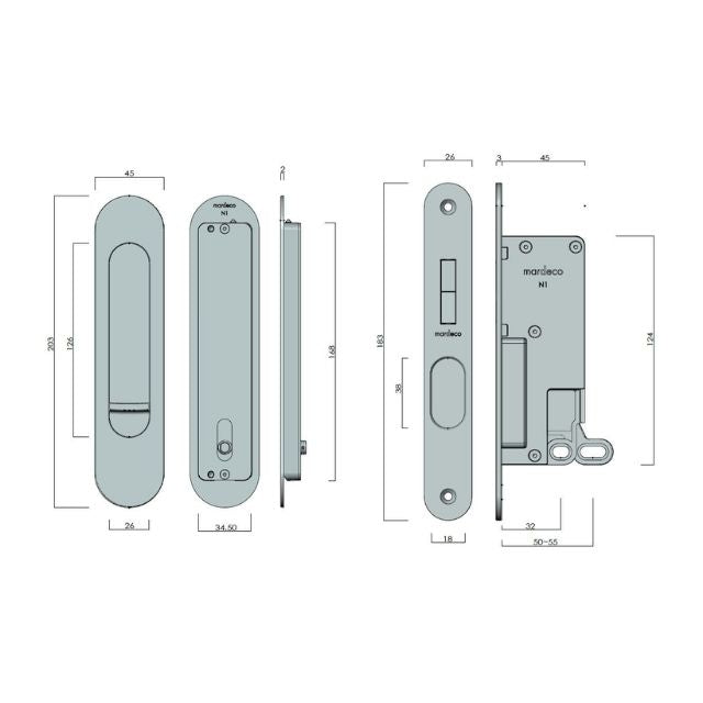 Nidus Mardeco radius flush pull privacy set Brushed Satin Chrome